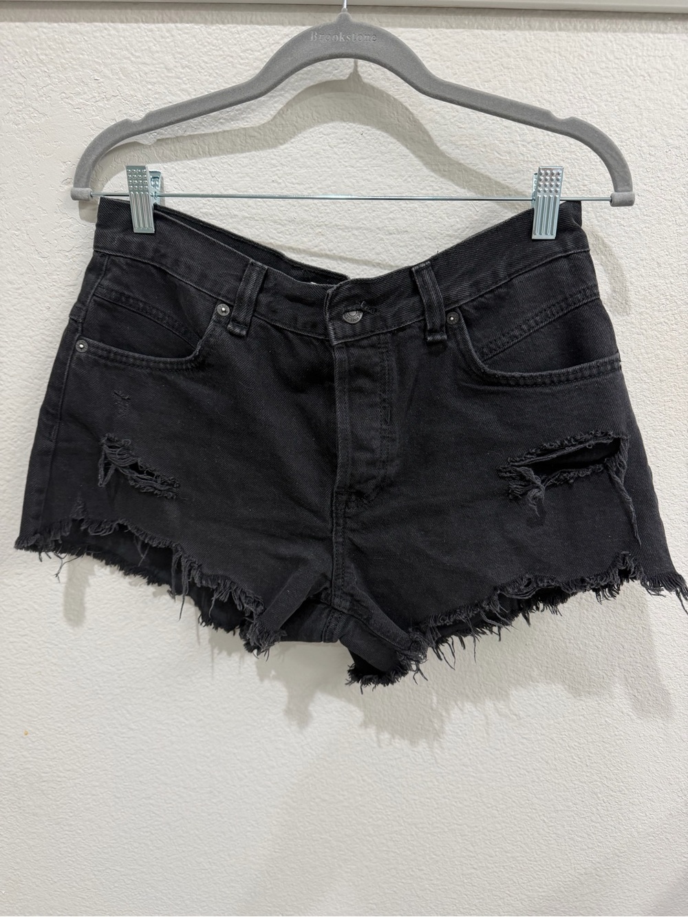 Free People Black Distressed High-Rise Denim Shorts